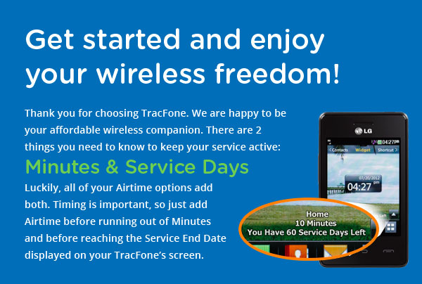 2 Things you need to remember: Minutes and Service Days. All Airtime options add both. Check your phone screen to see when to add more.